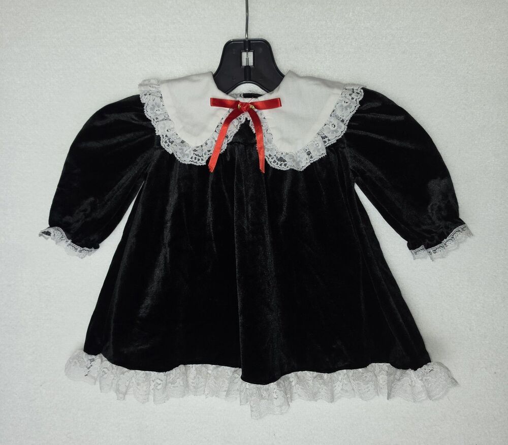 Vintage Sweet Treats Black Velvet Dress Lace Frilly Bow Baby Girl Size 12M